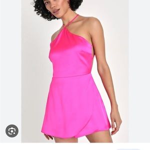 New with tag Lulus Diva Destiny Hot Pink Satin Backless Halter Romper size small